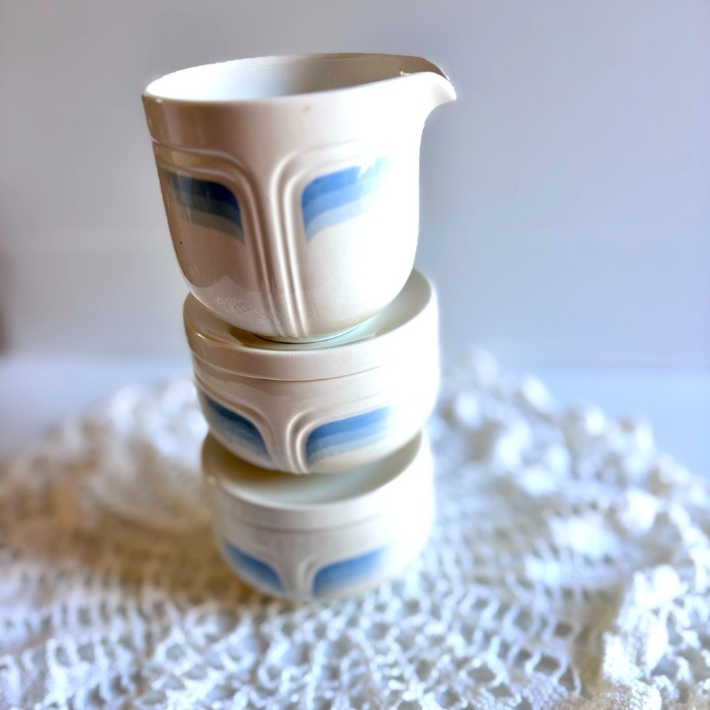 Vintage English Stoneware Creamer Bowls Blue Stripe